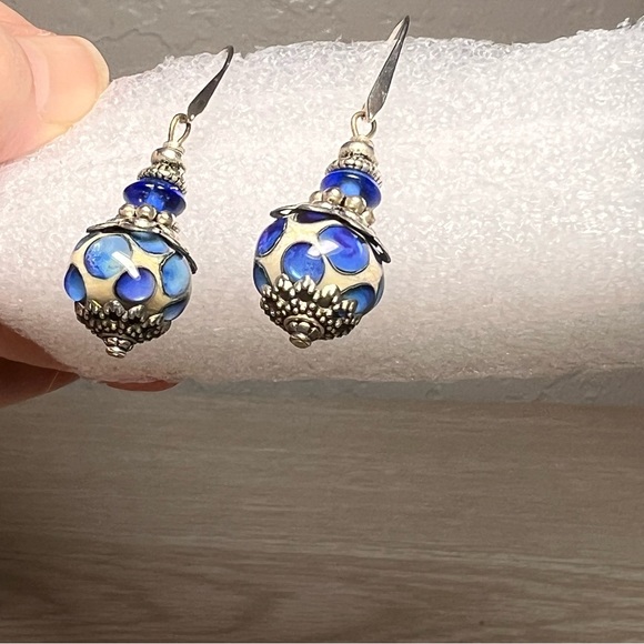 Silver, Blue and White Murano Lamp Glass Earrings - Picture 3 of 5